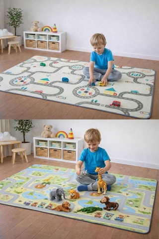 Pureza Çift Taraflı Rulo Oyun Matı 200CMX140CMX1CM Kaymaz, Darbe Emici, Su Geçirmez, Yeşil Parkur/Araba Yarışı | (Yerli Üretim)