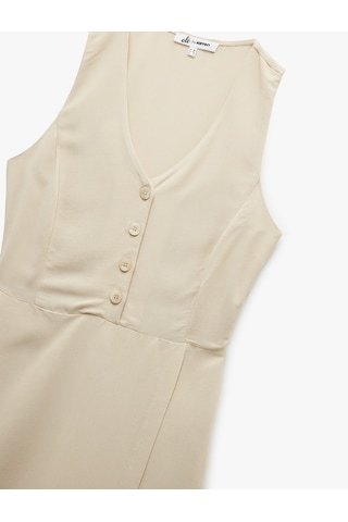 Koton V Yaka Kolsuz Düğmeli Keten Karışımlı Mini Tulum Bej 5sal40031ıw Ekru