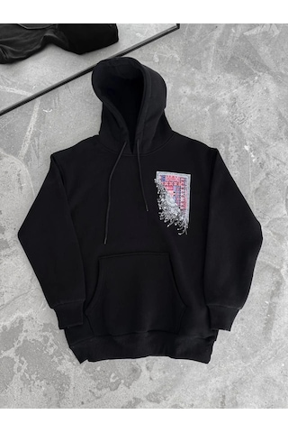 Mythrıva Uzun Kol Kapşonlu Ön Ve Arka Baskılı Sweatshirt - Siyah