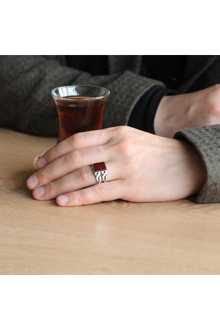 Zincir Tasarım Kırmızı Akik Taşlı 925 Ayar Gümüş Erkek Yüzük (429371152)