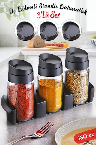 Nandy Home Stantlı Döner Kapak Garda Baharatlık Takımı - Üç Kademeli 3'lü Set 380 Cc Şeffaf