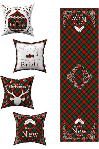 Kırmızı Yeşil Ekose Yılbaşı Temalı 4'lü Kırlent Kılıfı 1 Runner Seti 4kmbs172-rs
