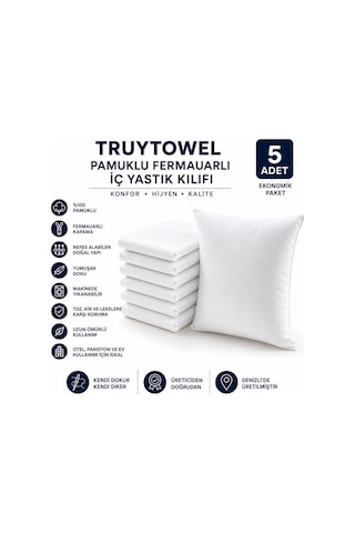 Turuytowel Pamuklu Fermuarlı İç Yastık Kılıfı Beyaz Renkli İç Astar 10'lu Yastık İç Kılıfı 50x 70 Şilte Beyaz 5 Li
