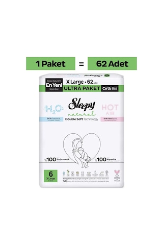 Sleepy Natural Double Soft Ultra Paket Bebek Bezi 6 Numara Xlarge 62 Adet