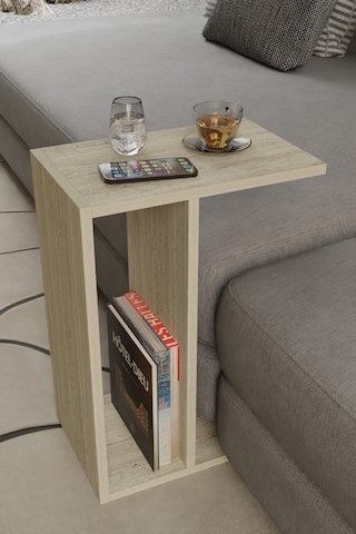 Alpa Ev Mobilya C Tasarım Koltuk Yanı Sehpa, Kitaplıklı Modern Laptop & Kahve Sehpası, Orta Sehpa Traverten