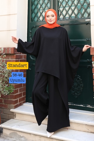 Balenbi Kadın Linda Kumaş Asimetrik Tunik Bol Paça Pantolon Oversize Tesettür Takım 1231 Siyah
