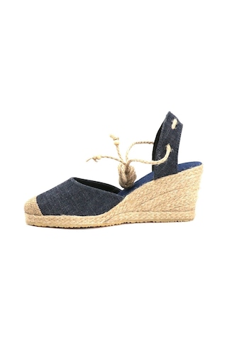 Star Tombis Gerçek Elişi Topuğu Açık Bilekten Bağlamalı Bej Dolgu Topuk Keten Hasır Espadril Handmade Mavi