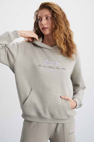 Taına Kadın Nakış Detaylı Organik Pamuk Şehir Temalı Regular Kapüşonlu Bej Sweatshirt