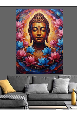 Ahşap Tablo Renkli Lotus Çiçekleri Ve Buda Heykeli Meditasyon Işık