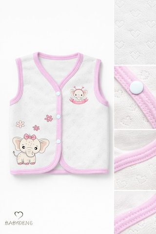 Babyden's Kız Bebek Yelek Jakarlı Kalp Desenli Pamuklu Çıtçıtlı Fil Baskılı Bebek Yeleği Mevsimlik,yumuşak Ekru
