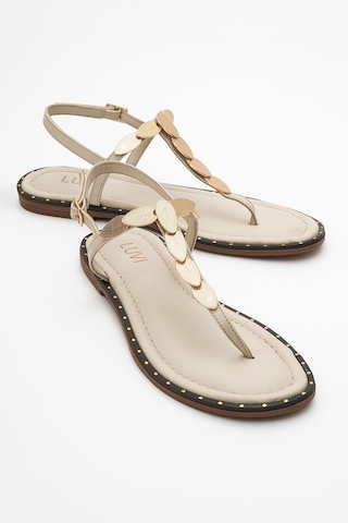 Marea Bej Hakiki Deri Parmak Arası Gold Tokalı Kadın Sandalet Bej