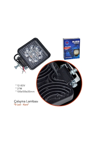 TAS 12-80V Çalışma Lambası Kare 9 Led 27W 106x106x35mm L1003