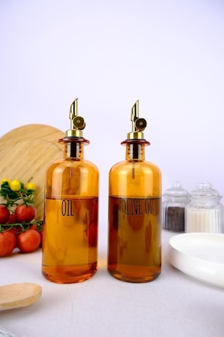 Digithome 2'li Zeytinyağı Ve Sıvıyağ Şişesi Otomatik Kapaklı Etiketli Yağdanlık Amber 500 Ml I/8 C1-1-289