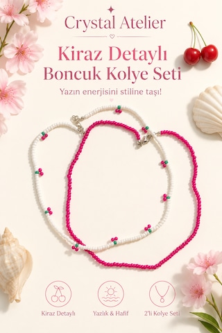 Crystal Atelier 2'li Pembe Kiraz Boncuk Kolye Seti El Yapımı Kum Boncuk Beyaz Pembe İkili Choker Kombini Meyve Temalı Hediyelik Kolye Pembe - Beyaz
