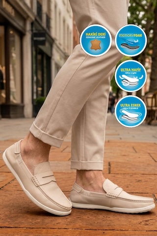 Voyager Erkek Hakiki Deri Loafer Mokasen Ayakkabı Hafızalı Taban Hafif Smart Casual Ekru M420 M