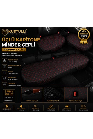 3'lü Kapitone Terletmeyen Oto Koltuk Minder Cepli Model Kırmızı 1