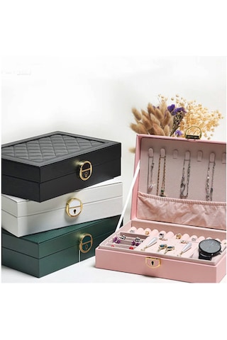 Mdl10- Pembe Takı Kutusu Kilitli Deri Görünümlü Takı Düzenleyici