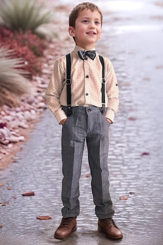 Riccotarz Erkek Bebek Desenli Gömlek, Papyon Ve Askılı Mavi Pantolon Alt Üst Takım Mavi