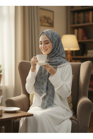 Eyfel Pamuklu Soft Özel Seri Şal Etnik & Çiçekli Desen, Orjinal, Tesettür Giyim, Yeni Koleksiyon Gri - Mavi - Yeşil