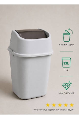 Gri Sallanır Kapaklı Atık Kovası 13 L - Profesyonel Çalışma Alanı Ve Banyo Tipi Kompakt Çöp Kutusu