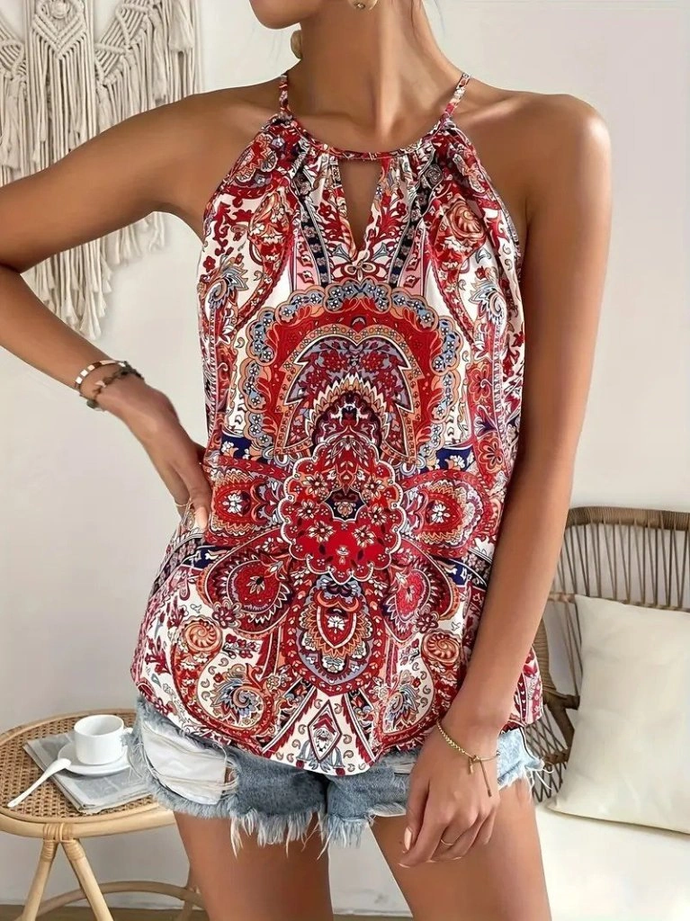 Emh Store Kadın Halter Kollu Damla Detaylı Desenli Süprem Bluz Kırmızı
