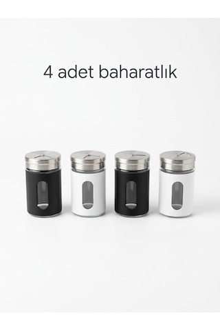 Chefstar 4 Adet Cam Baharatlık Seti - Paslanmaz Çelik Kapaklı Pencereli Tuzluk Karabiberlik Seti Siyah - beyaz