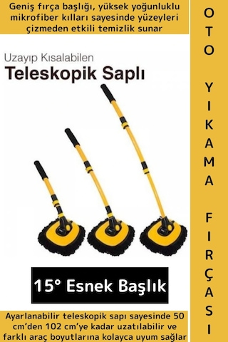 Esnek Başlıklı Islak Kuru Kullanım 50 Cm-102 Cm Ayarlanabilir Teleskopik Saplı Oto Yıkama Fırçası
