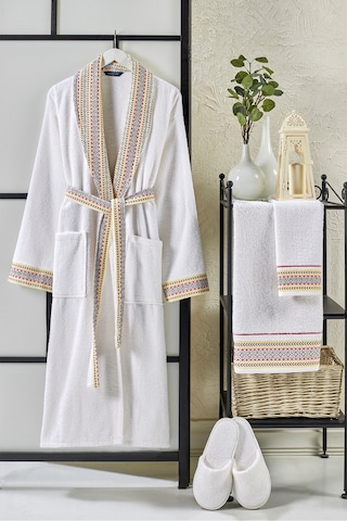 Vevien Ansaaj Jakarlı 4 Parça Bornoz Seti Krem