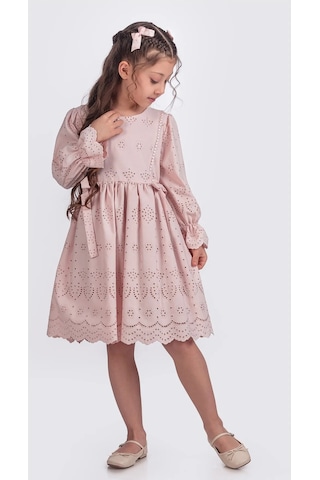Kız Çocuk Uzun Kollu Kolları Lastikli Beli Ikili Kurdele Sutaşı Detaylı Elbise Elb.y2685 Pembe