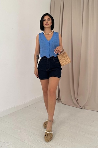 Tanla Butik Mavi Sıfır Kol Brode Bluz Mavi