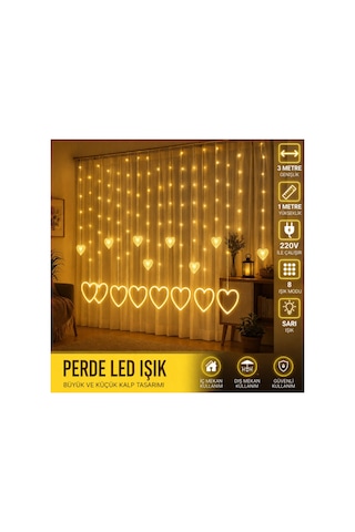 Büro Ev Ofis Dekoru İçin 3mt 8mod Kalp Sarı Led Işıkl Perde Led Işıklandırma Diğer