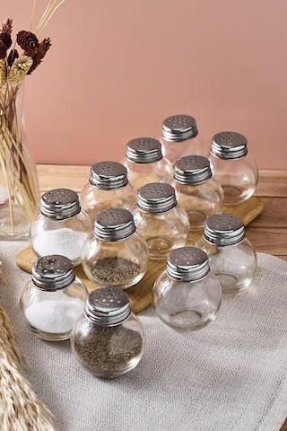 Salty Cam 12'li Tombik Tuzluk Seti 50 Ml Tek Kişilik Tuzluk-karabiberlik Seti Paslanmaz Çelik Kapak Seffaf Şeffaf
