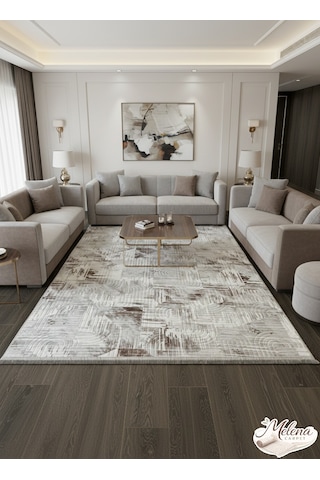 Konak Halı Modern Salon Halısı Kahve Krem Soyut Desenli Emboss Saçaklı Kaymaz Taban Krem