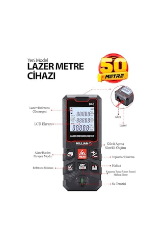 50 Metre Yüksek Hassasiyet Lazer Metre Ölçer Lcd Dijital Ekran Su Terazili Lazermetre Lazerli