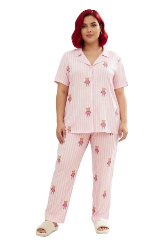 Ersefa Kadın Yıldızlı Melanj Örme Pijama Takımı Gömlek Yaka Fonksiyonel Pembe