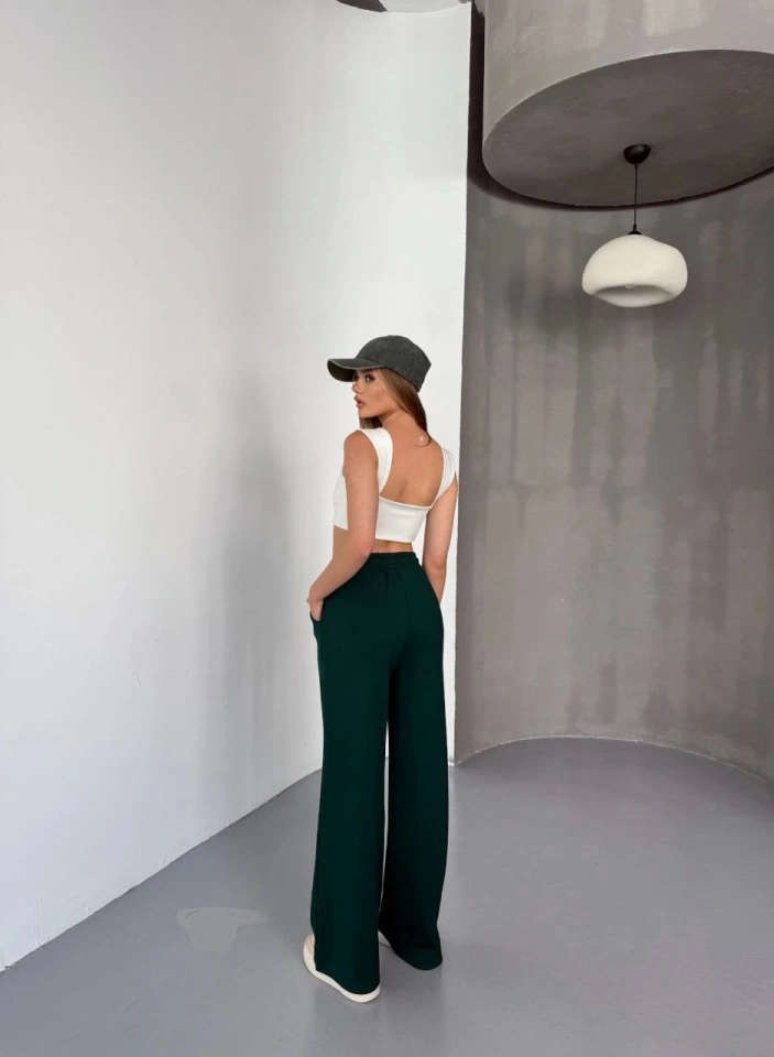 Suma Osy Modal Yumuşak Dokulu Kumaş Nakış Işlemeli Rahat Bol Paça Eşofman Pantalon - Siyah Yeşil