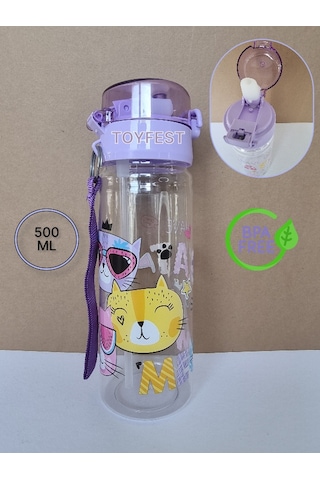 Pipetli Suluk Matara - Kilit Kapaklı Cat Meow Kedi Temalı - 500 Ml