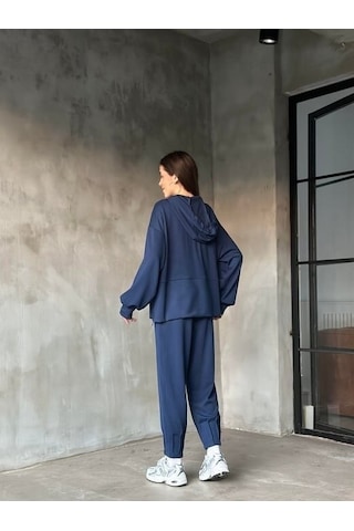 Kadın Oversize Fermuarlı Kapüşonlu Sweatshirt Pileli Paça Tesettüre Uygun Spor Şık Eşofman Takımı Lacivert