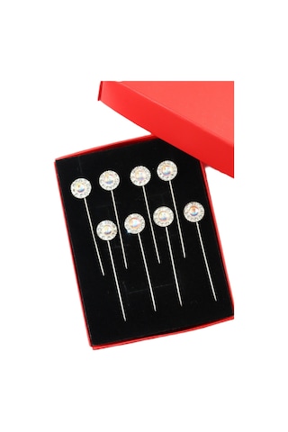 Numetal 8 Li Ekru Kristal Taşlı Eşarp İğnesi. Şal İğnesi. Türban İğnesi. Başörtü İğnesi. Eşarp Ve Şal İğnesi Gümüş