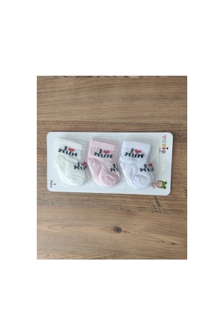 Bambık Yetiş Pamuklu 3'lü Kız Bebek Çorap Seti - I Love Mum Baskılı Yumuşak Bebek Çorabı Çok Renkli Çok Renkli