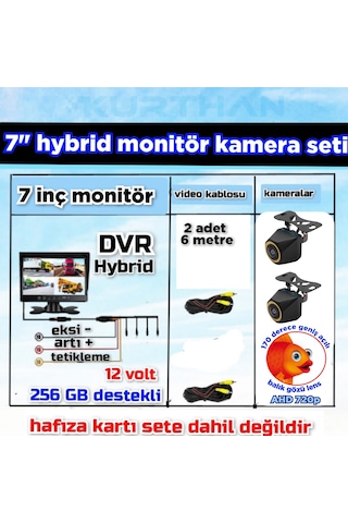 2 Adet 4x3 Cm. Ahd 720p 170 Derece Balık Gözü Lens Kamera 7 İnç Ips Qled 256 Gb Dvr Monitör 12 V