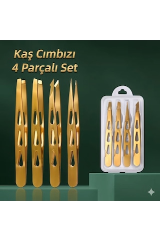 Profesyonel 4'lü Kaş Cımbız Seti - Altın Renkli Paslanmaz Çelik Şık Taşıma Kutulu Set
