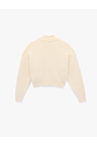 Koton Koton X Sibil Çetinkaya - Uzun Kollu Dik Yaka Fermuarlı Peluş Hırka Ekru 6wak90398ht
