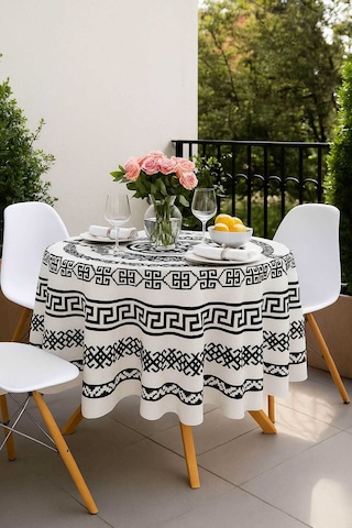 Yuvarlak Geometrik Siyah Desenli Duck Kumaş Masa Örtüsü 150x150 Cm Diğer