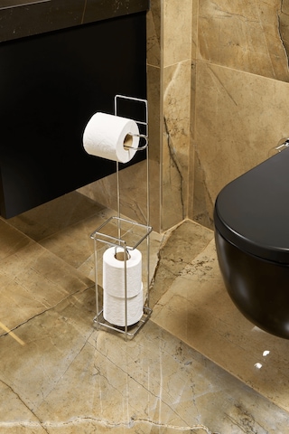 Parlak Silver Metal Ayaklı Tuvalet Kağıtlığı Ve Yedek Rulo Standı Modern Wc Kağıtlık