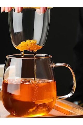 Qerhome Borosilikat Cam Süzgeçli Bambu Kapaklı Kupa 350 Ml Şeffaf