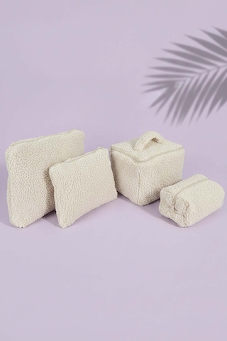 Ekru Teddy 4 Lü Makyaj & Aksesuar Çanta Seti