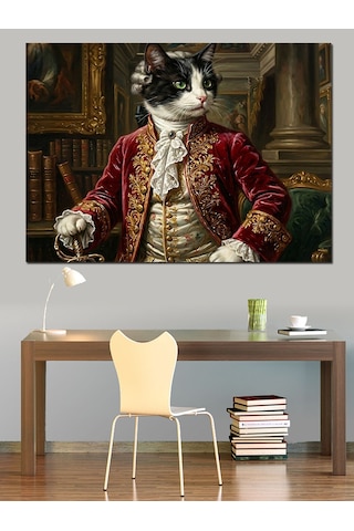 Aristokrat Kostümlü Kedi Portresi Dekoratif Kanvas - Mdf Ahşap Tablo