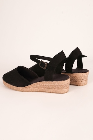 Star Tombis Gerçek Elişi Topuğu Açık Bilekten Bantlı 3cm Dolgu Topuk Siyah Keten Hasır Espadril Handmade Siyah