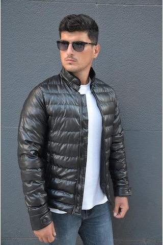 Prifaldi Erkek Dik Yaka Şişme Deri Mont Siyah 001